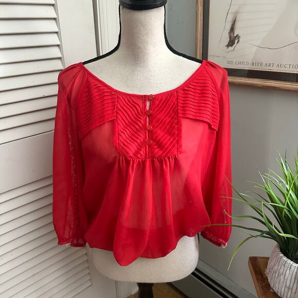 XOXO Blouse Womens Large Red Sheer Cropped Crochet Trim Retro Y2K Coquette - Picture 1 of 6